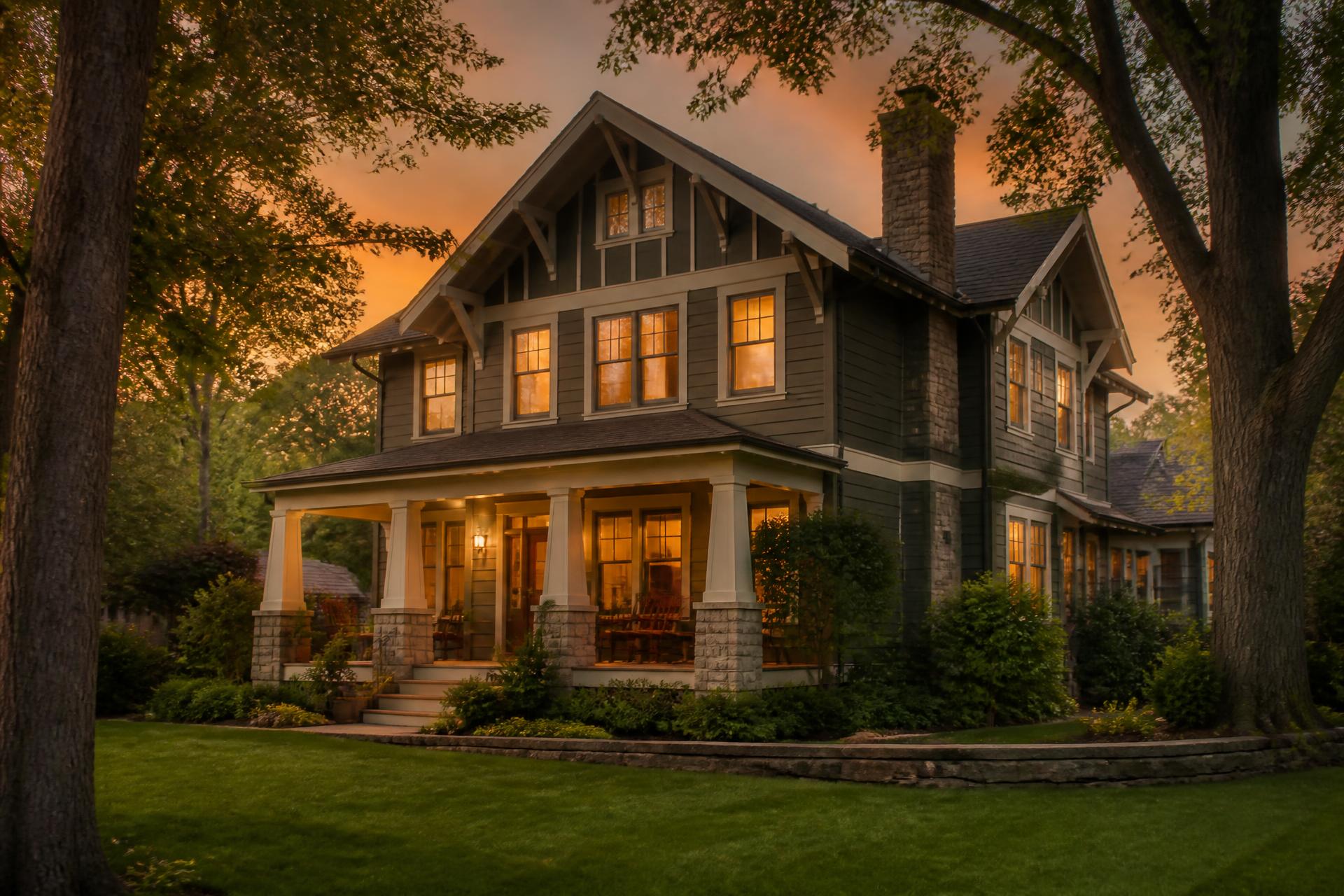 Warmly lit Michigan family home at dusk