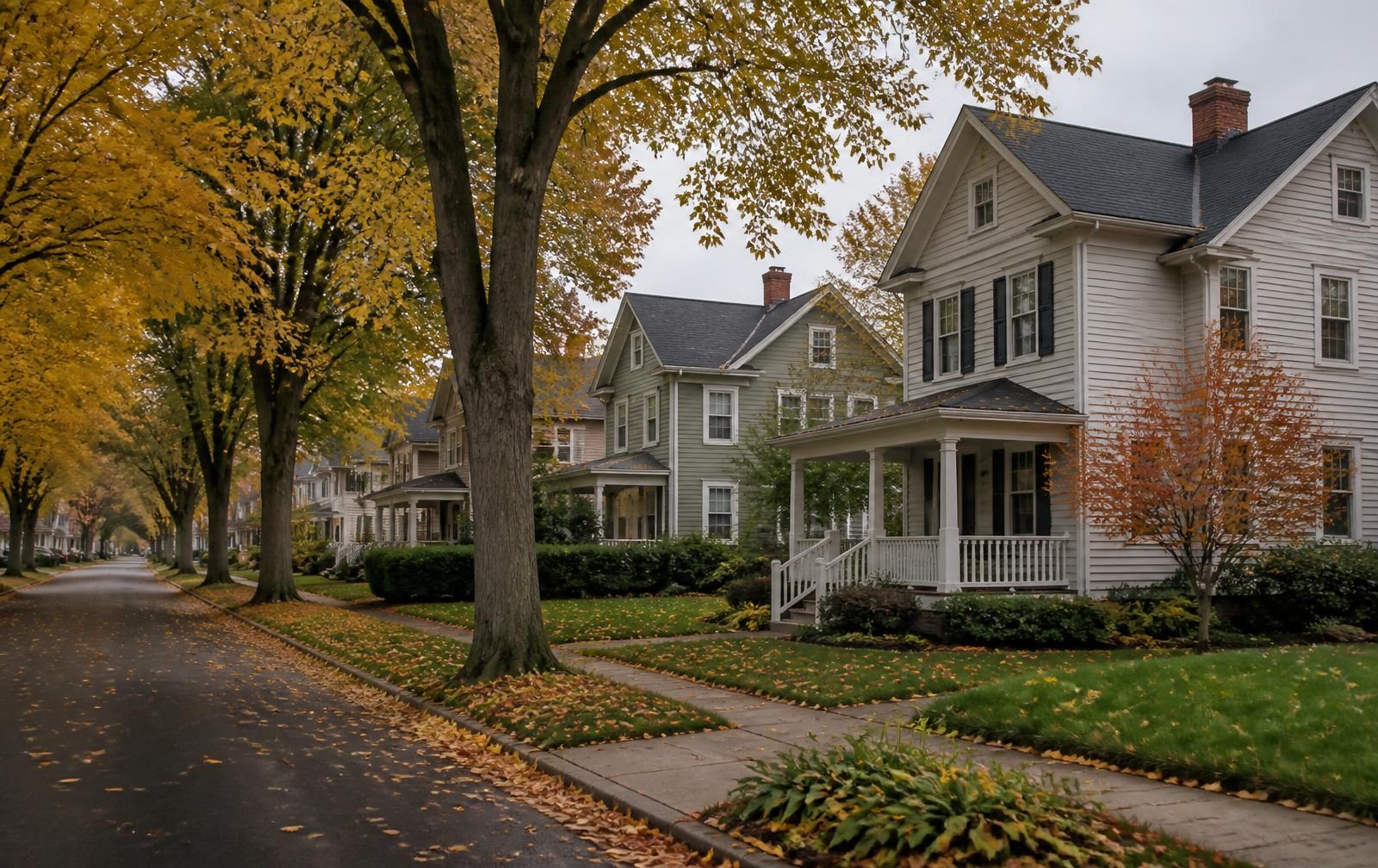 A tree-lined street of established Michigan family homes in early autumn